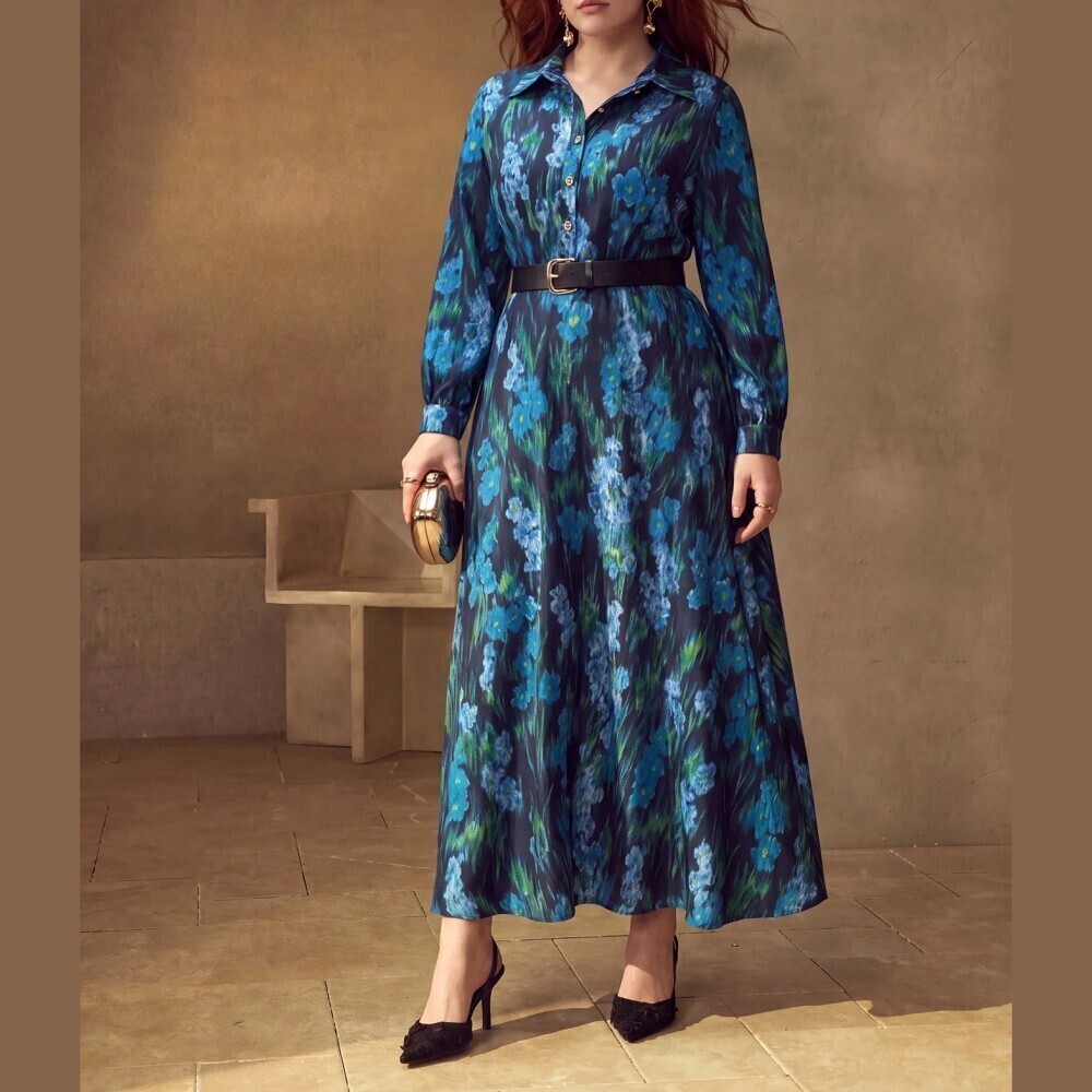Blue Ikat Floral Print Collared Button Front Long Sleeve Maxi Tunic Dress